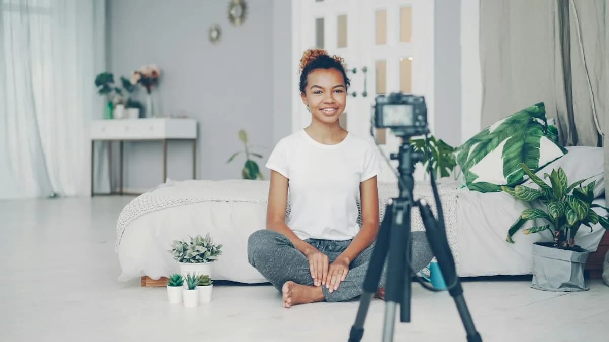 A creator filming herself with a camera on a tripod